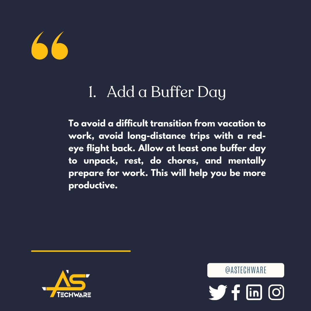 astechware's tweet image. (1/2) Vacations are a great way  to recharge, but getting back to work can be a struggle. Here are some  tips on how to regain your productivity after some well-deserved time  off.
 #vacationrecovery #backtowork #astechware #howtogetbacktoworkafterabreak  #eid #eidvacation