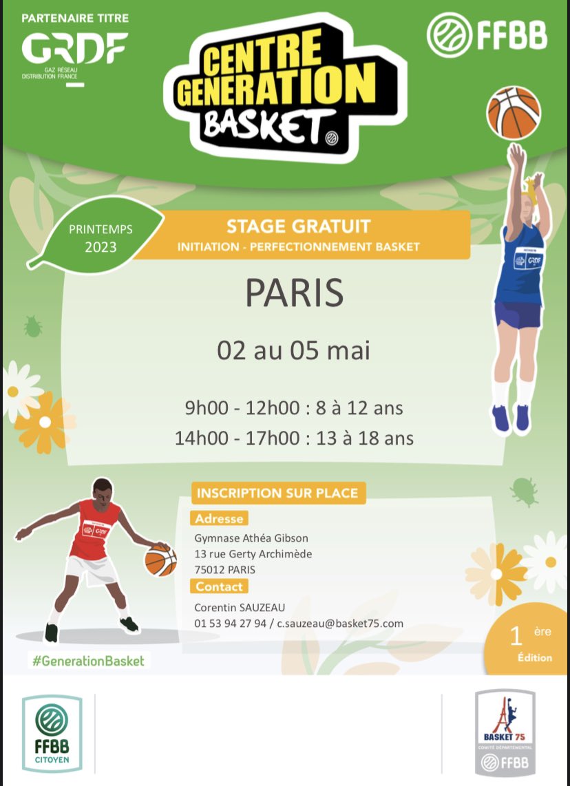🚨 CENTRE GÉNÉRATION BASKET 🚨

Pour sa toute première édition, le Comité Parisien de basket-ball vous invite à son Centre Génération Basket ! 🏀

SAVE THE DATE : du 02 au 05 mai 2023 (horaire selon votre âge)

Inscription sur place au gymnase Althea Gibson. 📍