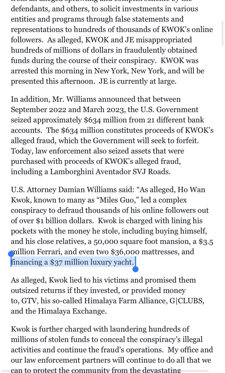 这个是蚂蚁无知，我来给证据吧

起诉书原文，那么多大陆的博士英文总认识吧？

注意动词，偷来的钱用来给自己和亲属买了豪宅法拉利床垫，金援了游艇！

注意两个动词的区分吧

知不知道buying和financing的差别吗🤣🤣

美国检察官司法部严谨！凤凰卫视大外宣解读错误也是任务呀！和我们司法部没毛关系