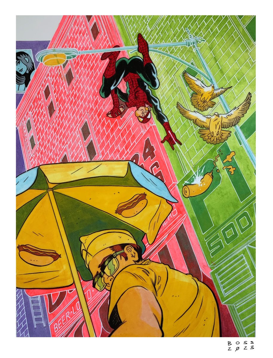 RT @BoyCartoonist: Spider-man Commission

9x12''
Ink, paint, and marker. 

#spiderman #hotdog https://t.co/JBnpspW43T