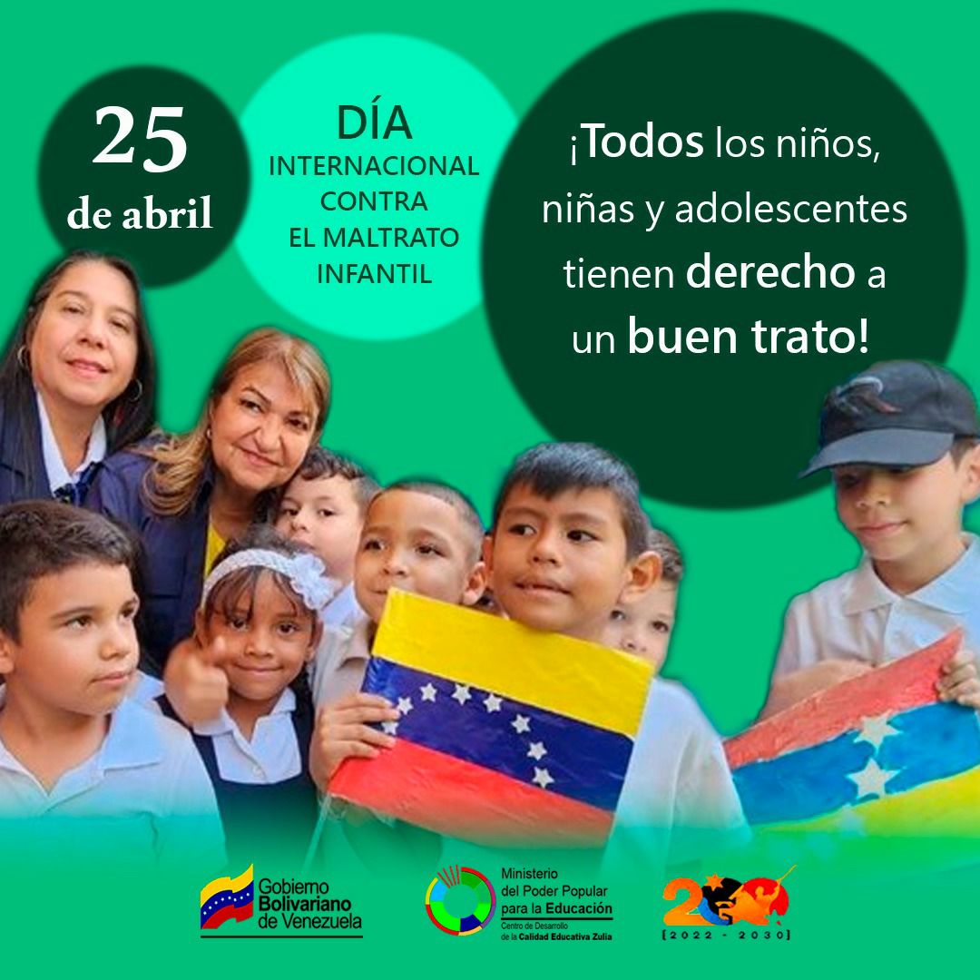 CDCEZULIA's tweet photo. Cada #25Abril se celebra el Día Internacional de Lucha contra el Maltrato Infantil.

Todos somos corresponsables en garantizar el buen trato a nuestros niños, niñas y adolescentes. Pongamos un alto al maltrato infantil en cualquiera de sus formas.

@NicolasMaduro
@_LaAvanzadora https://t.co/mPdeJY1hlG