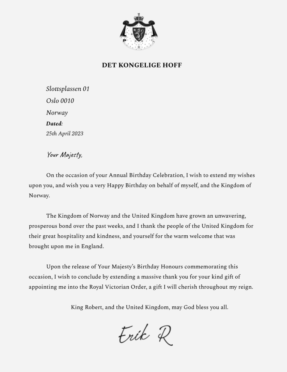 Detnorskekongehuset roblox on twitter his majesty the king has sent