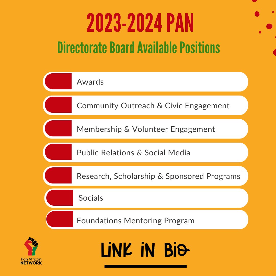 There are 8 days left for you to complete your application for the 2023-2024 PAN Directorate Board. 

Click the link in the bio or go to: bit.ly/pandbapp24 

Applications are due at 11:59 pm on May 3, 2023. 

#ACPA #PAN #BlackIsKing #ACPA24 #HigherEd
