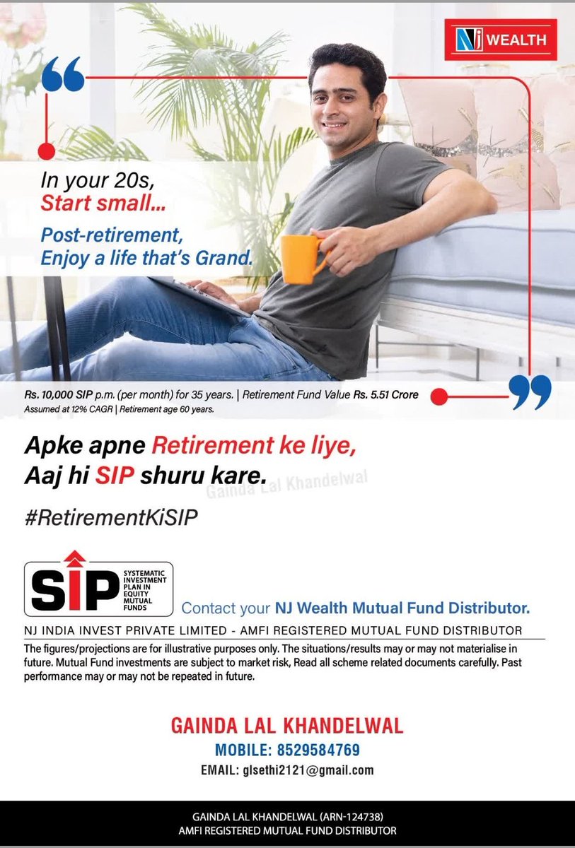 TarunKh11085423's tweet photo. Are you in your 20s?
Starting early by investing a small amount regularly through SIP in Mutual Funds can help you build wealth for a stress- free retirement
#GTAFINANCIALSOLUTION #GTAFinserv #Mutualfund #sip #mf #Mutualfunds #Investmentadvice #SmartInvesting #FinancialGoals https://t.co/VXwbQq2IYy