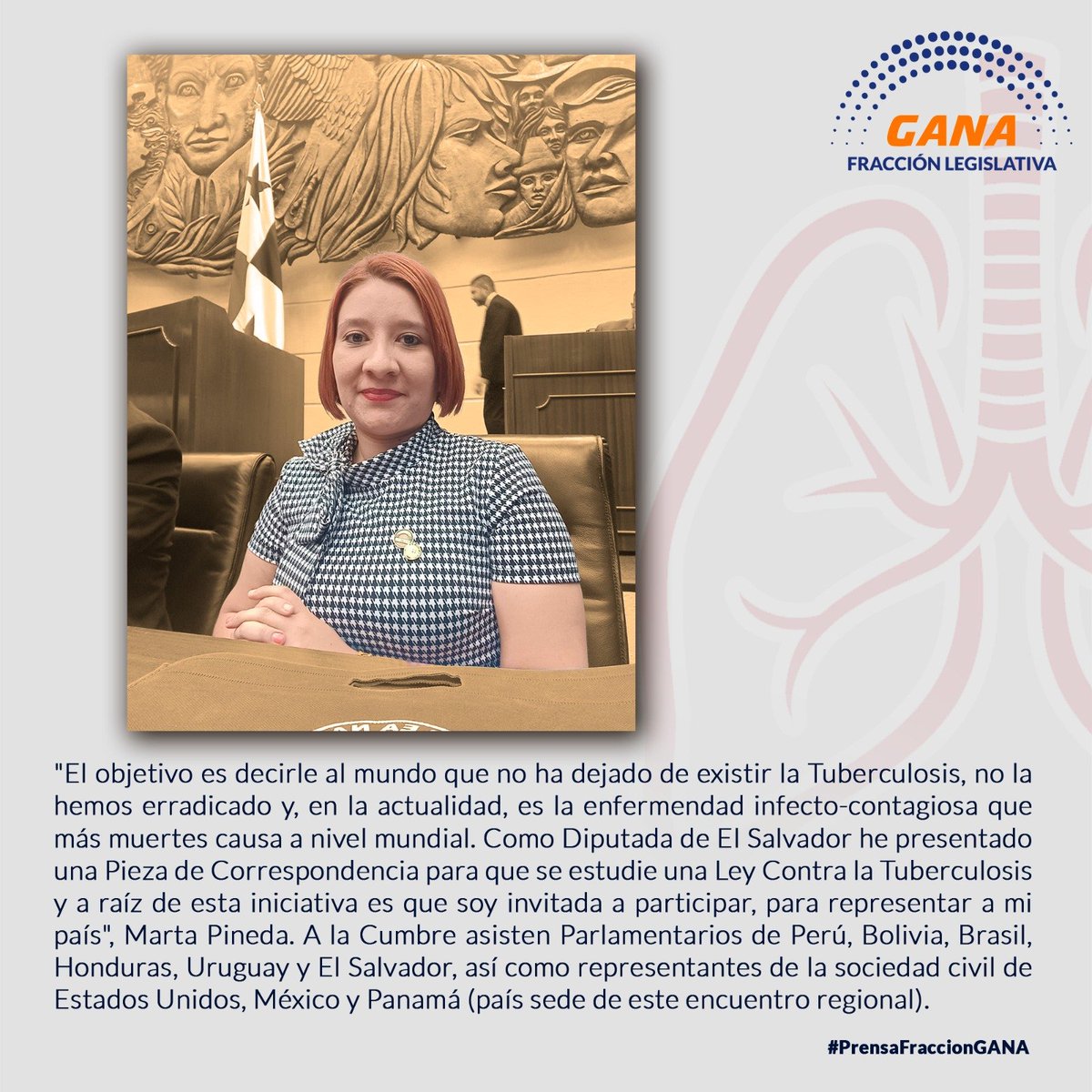@fracciongana (@fracciongana) on Twitter photo Nuestra diputada de #GANA, <a href="/diputadapineda1/">Marta Pineda</a> , participa en la II Cumbre de Las Américas contra la Tuberculosis 2023, en Panamá.
<a href="/AsambleaSV/">Asamblea Legislativa 🇸🇻</a> , <a href="/GANAOFICIAL/">PARTIDO GANA</a> , #ElSalvador , #tuberculosis , #Salud , #Vida Nuestra diputada de #GANA, <a href="/diputadapineda1/">Marta Pineda</a> , participa en la II Cumbre de Las Américas contra la Tuberculosis 2023, en Panamá.
<a href="/AsambleaSV/">Asamblea Legislativa 🇸🇻</a> , <a href="/GANAOFICIAL/">PARTIDO GANA</a> , #ElSalvador , #tuberculosis , #Salud , #Vida