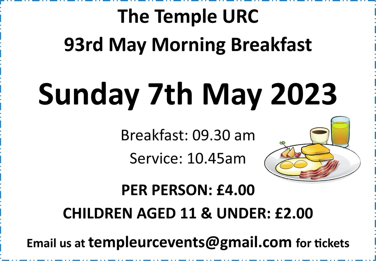 Join us for our annual May Morning Breakfast Service on Sunday 7th May.  Our 93rd this year!!  
If you can only make it along for the service please remember that it starts at 10.45am not 11am as usual.
Our guest speaker this year will be Martin Pointing
from CAP Bromley.
