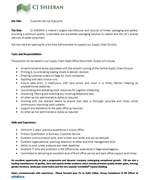 Check out this new &amp; exciting job role. We're now hiring a Customer Service Executive to join our sales team.

Full job description provided below.  Drop us a call on 057 8756700 or email us at aoife@cjs.ie/joanne@cjs.ie for further information. #LaoisJob #hiring #sales #team