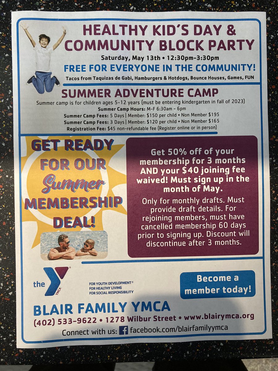 Community Block Party anyone!?!?!? Blair Family YMCA is hosting our annual FREE Community Block Party May 13 from 12:30-3:30! Bouncy houses, food….tacos….FUN!!!! Not too mention our summer membership special is approaching too!!! 💪