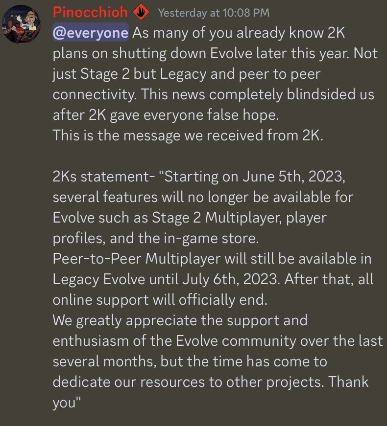 SmallKayak's tweet image. Day 245
@2K @TurtleRock #SaveEvolve #EvolveStage2
This is something that greatly upsets me. 2k told this community the game would start to receive support, and it seems they are going back on their word by completely abandoning evolve and shutting its servers of for good.