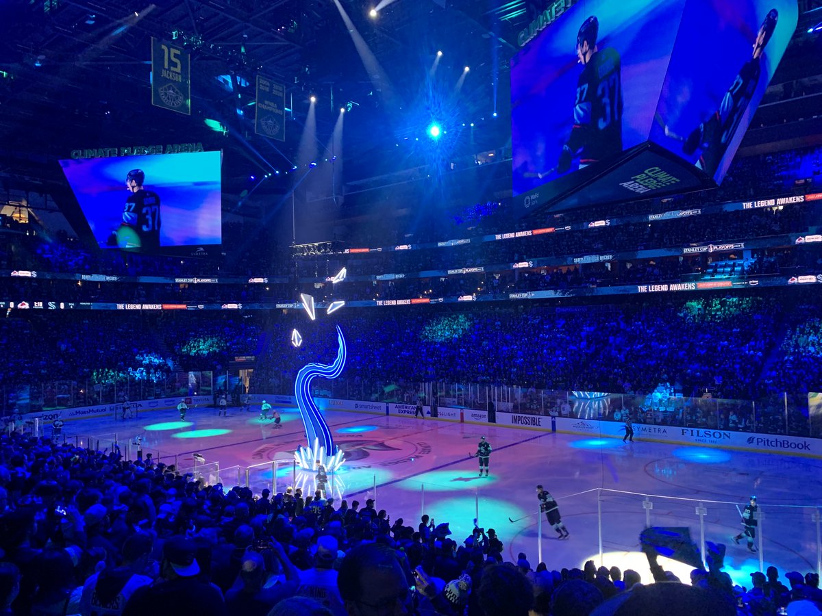 DeepSeaHockey's tweet photo. Seattle just witnessed an overtime home playoff win. Against the defending Stanley Cup champions. In the 2nd season of the #SeaKraken. A year after the expansion team finished dead last in the Pacific. 

Landmark moment for the team and the city. https://t.co/1gYKcbMhxr
