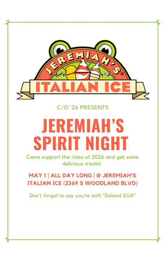 <a href="/delandbulldogs/">DeLand High Bulldogs</a> <a href="/SgaDeland/">DeLand High SGA</a> #VCS Come join the Deland High SGA class of 2026 on Monday for Spirit Day! 💚💛