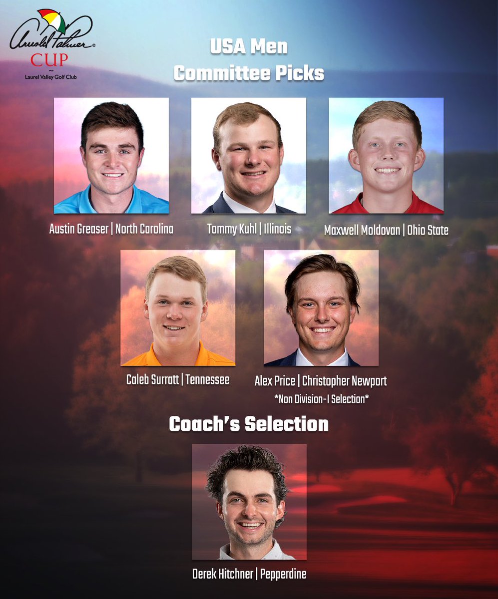 ArnoldPalmerCup's tweet photo. Your committee and coach’s selections for the American Men:

Austin Greaser | North Carolina
Tommy Kuhl | Illinois
Maxwell Moldovan | Ohio State
Caleb Surratt | Tennessee
Alex Price | Christopher Newport |  Non Division-I Selection
Derek Hitchner | Pepperdine | Coach's Selection https://t.co/aDqY0vo0oK