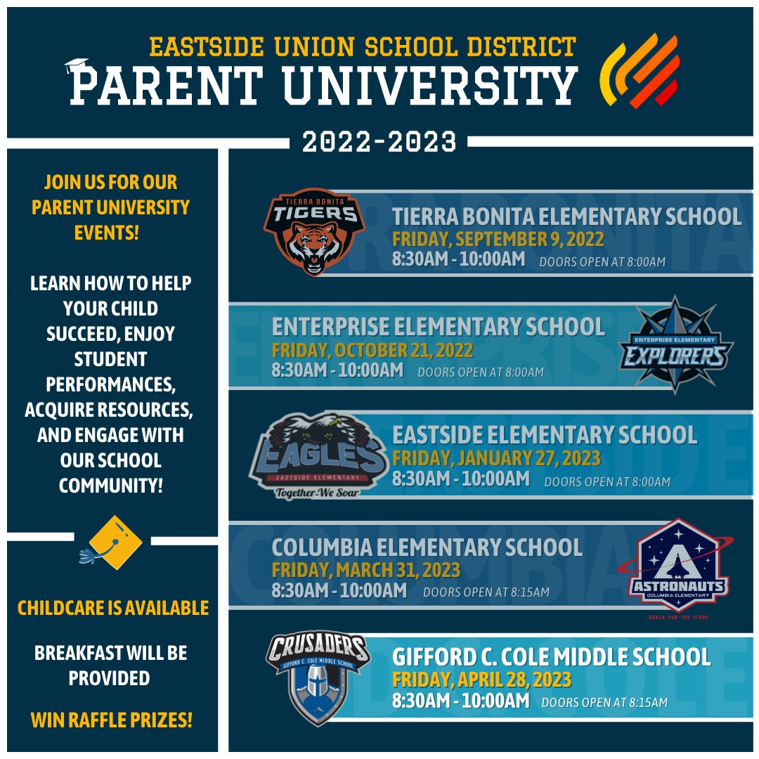 Join us this Friday from 8:30am-10:00am for our final Parent University of the school year, hosted by Cole Middle School. Valuable information, resources, and a chance to win some great raffle prizes, including a pair of Disneyland tickets! https://t.co/ZYvLJYZpUF