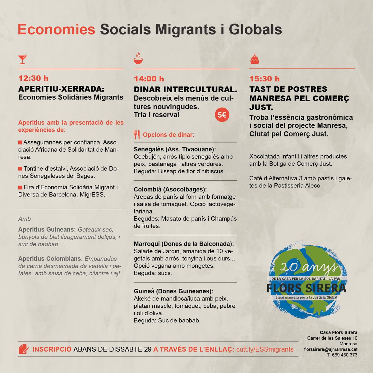 El proper 06 de maig, trobareu a Manresa unes activitats ben apetitioses i enriquidores a la Casa Flors Sirera.
Aperitiu, xerrada i dinar al carrer de les Saleses, 10.
<a href="/ajmanresa/">Ajuntament de Manresa</a>