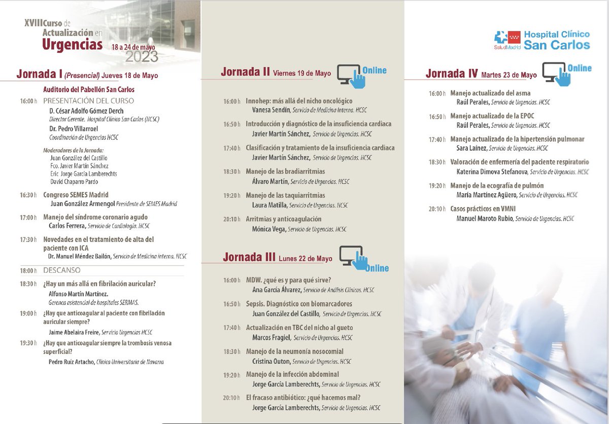 UrgClinico's tweet photo. Volvemos de nuevo con  el XVIII CURSO DE ACTUALIDAD EN URGENCIAS #cursourgencias2023 esta vez con dos dias PRESENCIALES!!!  Y tres dias online.  No te quedes sin plazas !!! Inscripciones aquí --> https://t.co/tD1nFas9M5 
No te lo pierdas 👍  @SEMES_ @SEMESMadrid https://t.co/dKoPGOBEiM