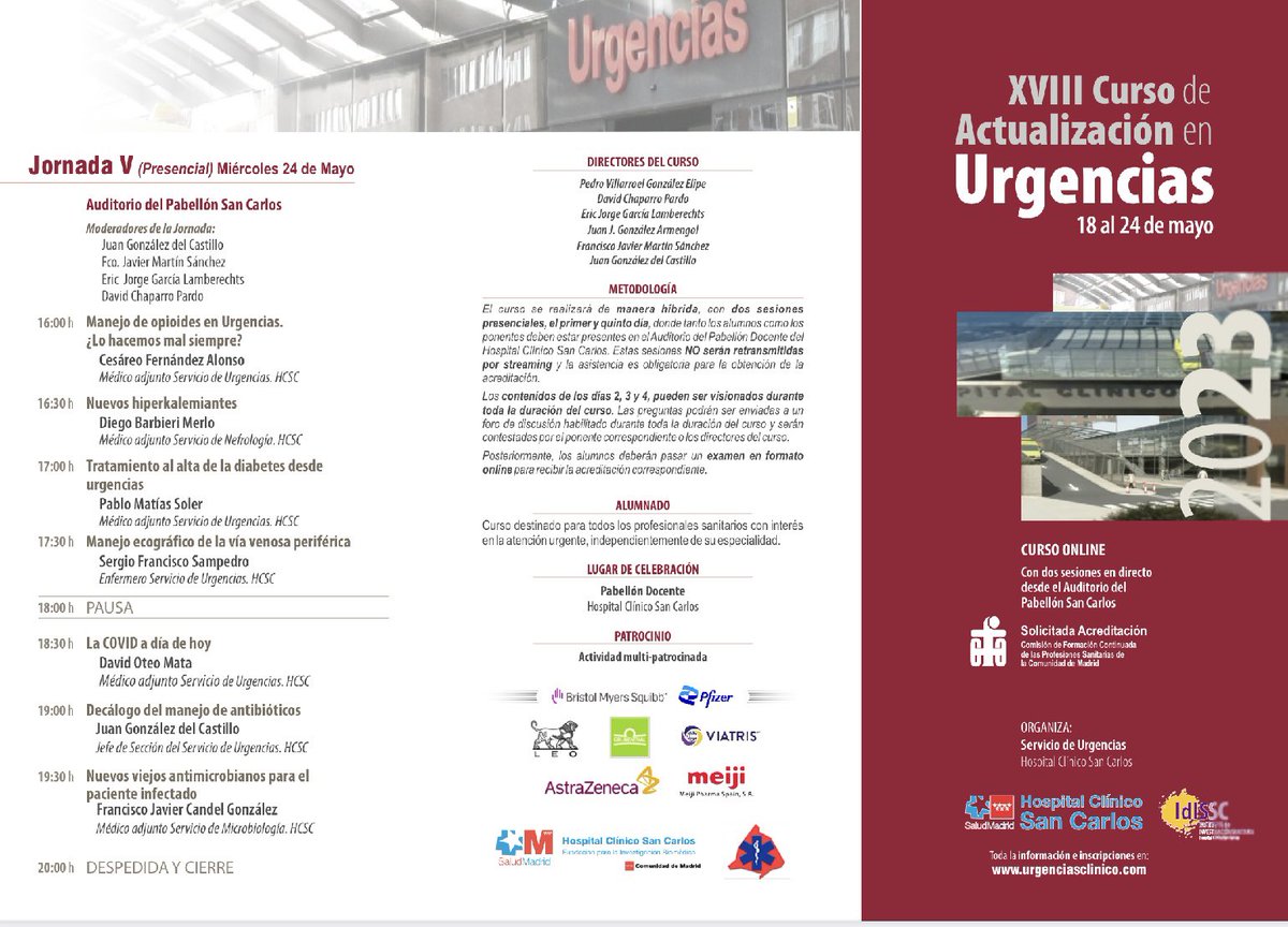 UrgClinico's tweet photo. Volvemos de nuevo con  el XVIII CURSO DE ACTUALIDAD EN URGENCIAS #cursourgencias2023 esta vez con dos dias PRESENCIALES!!!  Y tres dias online.  No te quedes sin plazas !!! Inscripciones aquí --> https://t.co/tD1nFas9M5 
No te lo pierdas 👍  @SEMES_ @SEMESMadrid https://t.co/dKoPGOBEiM