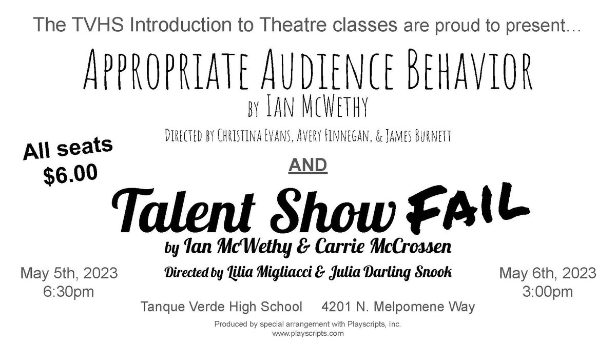 TVSchEventShare's tweet photo. The @TanqVerdeHS Theatre Department would like to officially invite you to an evening of One Acts! 

Tickets are officially on sale now! Just click on the links below!
We hope to see you there!!!

FRI 5/5 at 6:30PM
https://t.co/InC1OsvyPZ

SAT 5/6 at 3PM
https://t.co/7DDfdz2U4p https://t.co/skCsICSIol