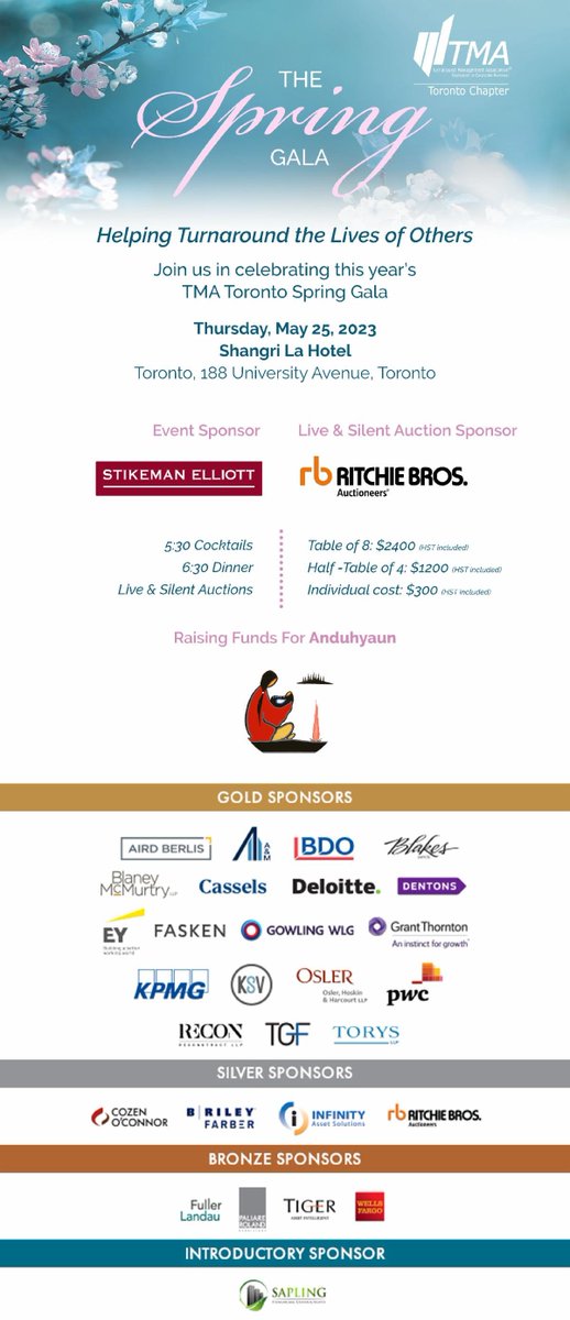 SAVE THE DATE: TMA Toronto's Spring Gala will be held on Thursday, May 25, 2023 at the Shangri La Hotel.