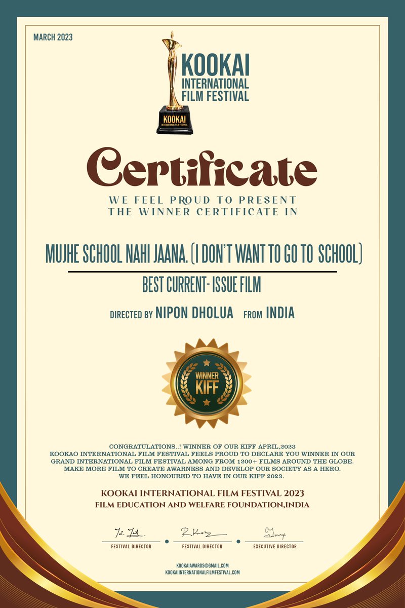 #Mujhe_school_nahi_janna “ become a award winner .

BEST CHILD FEMALE ACTOR - Kathryn Dholua

BEST DIRECTOR - Nipon Dholua

BEST CURRENT - ISSUE FILM -  “ MUJHE SCHOOL NAHI JAANA “ 
kookaiinternationalfilmfestival #HIFF #bollywoodsongs #hindifilm #nbdkproduction #recognition