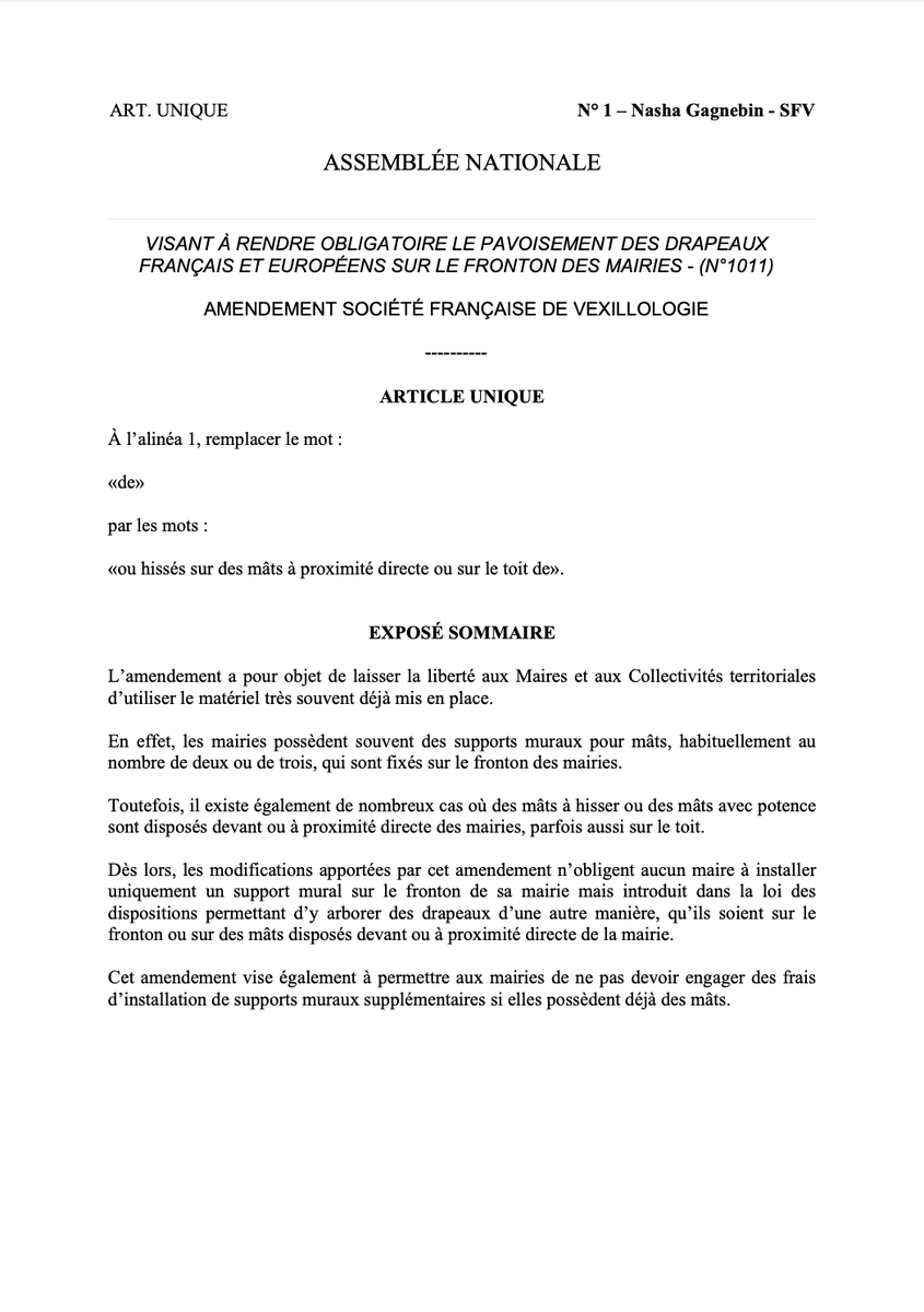 DrapeauxSFV's tweet photo. L'Amdt #SFV N°1 sur #PPL1011 vise à permettre aux Maires @l_amf d'utiliser leur matériel souvent déjà mis à disposition sans forcément devoir installer de porte-mâts de façade, leur permettant de faire des économies. Cet Amdt pourrait être repris par le Rapporteur. #Vexillologie https://t.co/QQithqYue9