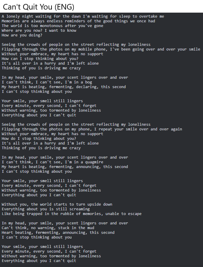 MargarineDude's tweet photo. 'Can't Quit You' and 'Unconditional' have the same musical arrangements but contrasting. 'Can't Quit You' is about thinking of a former lover when you can't fall asleep while 'Unconditional' is about looking forward to seeing someone you love unconditionally. 

ENG Translation 🔽 https://t.co/OpohM6sBQ8