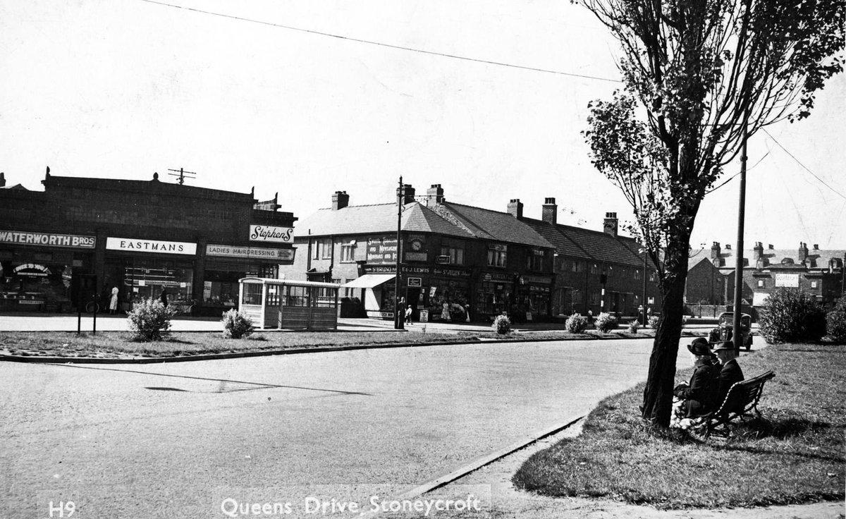 Queens Drive, Stoneycroft in the 1950’s. Shops left to right are Waterworth Brothers - Fruiterers, Eastmans Ltd. - Butchers, Thomas Stephens - Ladies' Hairdressers, E. & J. Lewis - Newsagents, L. B. Vincent - shopkeeper and J. & L. Elliot - Confectioners. @angiesliverpool