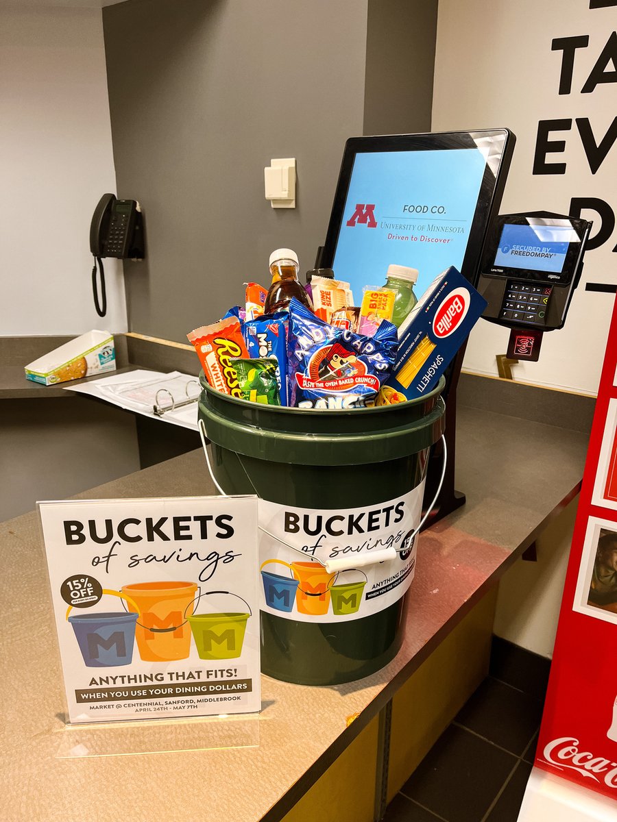 Don't miss out on our bucket of savings! 🤑 Students can fill it up with all the goodies they could ever want from our residential markets and receive 15% off. It's a win-win situation!

#bucketofsavings #umn #goldengopher #universityofminnesota #collegedining #residentiallife