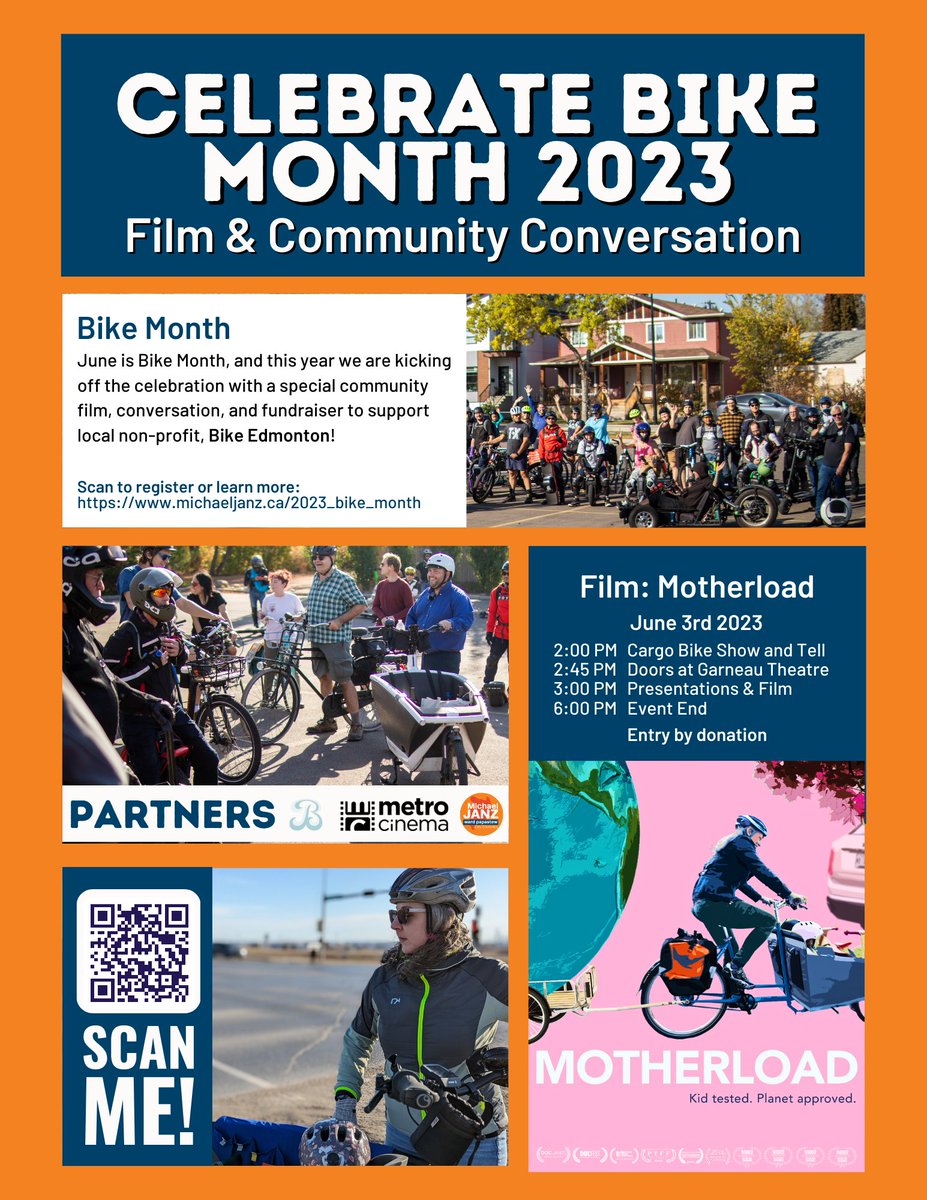 Thrilled to be collaborating with <a href="/themetrocinema/">Metro Cinema</a> to bring <a href="/MOTHERLOADmovie/">Liz Canning</a> as a June Bike Month Kickoff in support of @Bikeedmonton. RSVP and save the date at michaeljanz.ca/2023_bike_month
#yegcc #yegbike