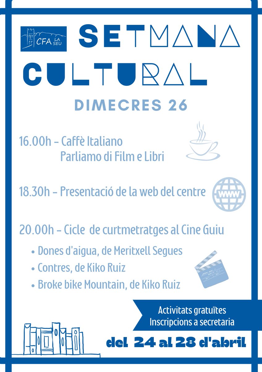 CFALaSeu's tweet photo. Aquests són els actes programats per a la tercera jornada de la setmana cultural del CFA la Seu d'Urgell. Us hi esperem. https://t.co/AGrd650td1