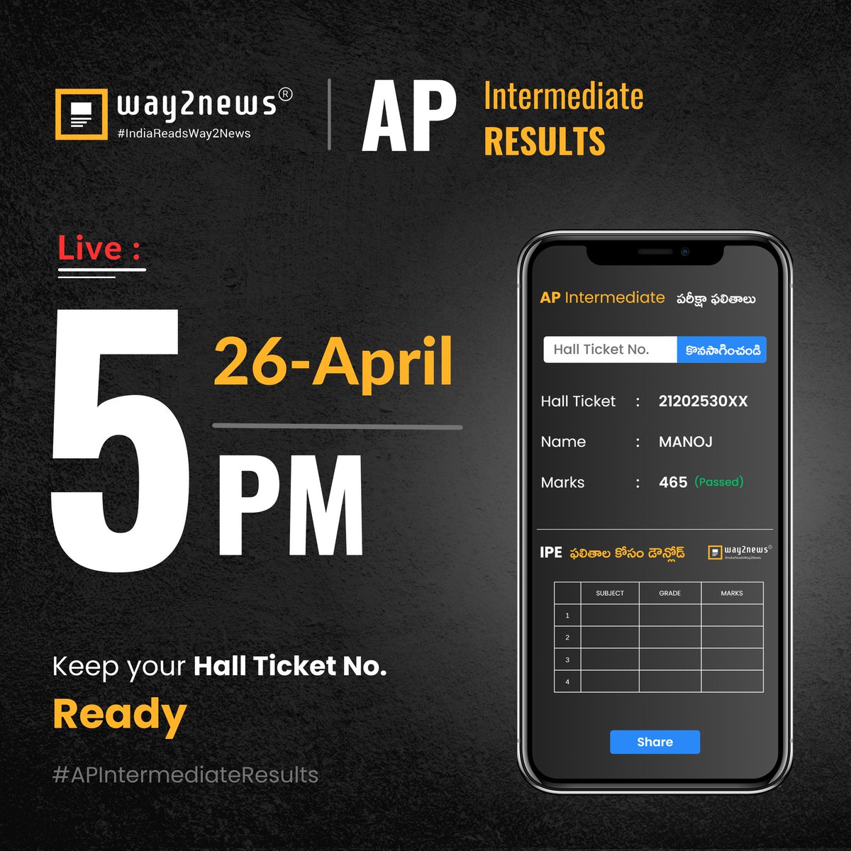 way2_news's tweet photo. AP Intermediate Results will be live on Way2News app from tomorrow 5 PM. 

వే2న్యూస్‌లో ఇప్పుడు వార్తలతో పాటు మీ ఎగ్జామ్ రిజల్ట్స్ కూడా సులువుగా తెలుసుకోవచ్చు. రేపు సాయంత్రం గం.5కు విడుదలయ్యే AP ఇంటర్మీడియట్ ఫలితాలు అందరికంటే ముందుగా వే2న్యూస్ యాప్‌లో పొందవచ్చు. మీ ఫోన్‌లో యాప్ ఉంటే.. ఒక్క క్లిక్‌తో సెకన్లలో రిజల్ట్ వచ్చేస్తుంది. అంతే సులువుగా మీ రిజల్ట్ కార్డును ఫ్రెండ్స్, సన్నిహితులకు షేర్ చేసుకోవచ్చు.

#Way2News #IndiaReadsWay2News #Vernacular #Hyperlocal #APIntermediateResults #APBoards #IntermediateResults