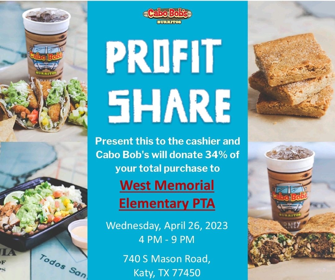 Remember to join us for Spirit Night TOMORROW, WEDNESDAY,  April 26 at Cabo Bob's. Bring your flyer (going home in Tuesday folders...TODAY)! 🌯🌯🌯