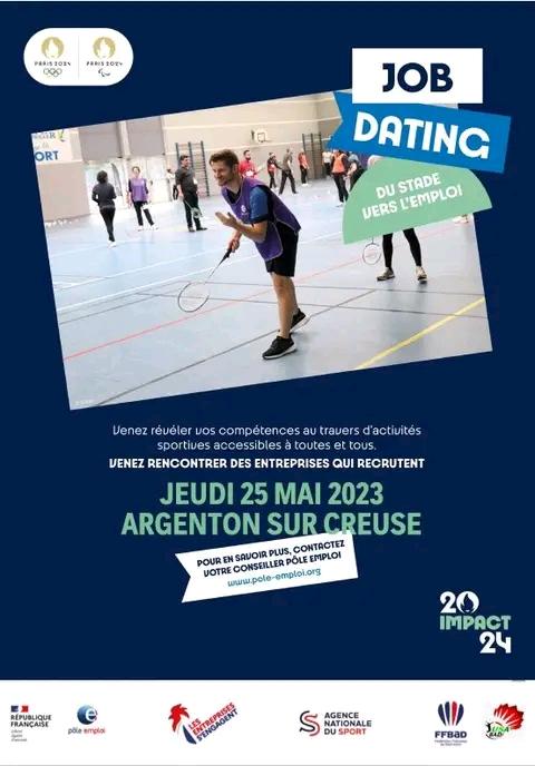 SAVE THE DATE 📌 #DuStadeVersLemploi débarque à #Argenton ! Partenariat @poleemploi_RCVL <a href="/ArgentonBad/">USA-bad Argenton</a> et Ligue de #Badminton du Centre Val de Loire 👍 RDV le 25 mai, en forme et en 👟🏸 pour montrer votre meilleur profil aux recruteurs et candidats présents ! #JobDating