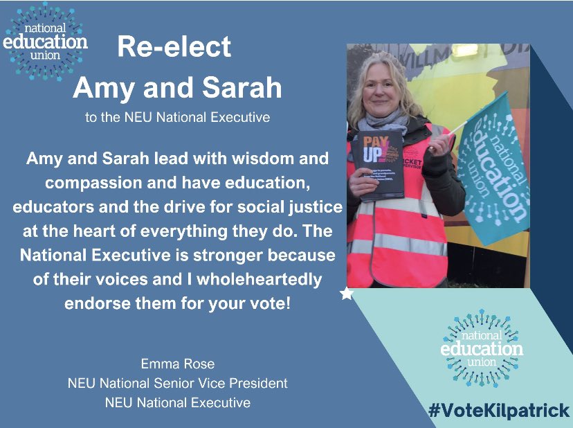 amyk21's tweet photo. Amazing to have the endorsement of incoming National President @emsamrose for me and @sairskay to be re-elected to the @NEUnion National Executive.
This is the last week to get that paper in the post - it’s not a vote till it’s in the post!
#votekilpatrick https://t.co/9pDWQQ54ng