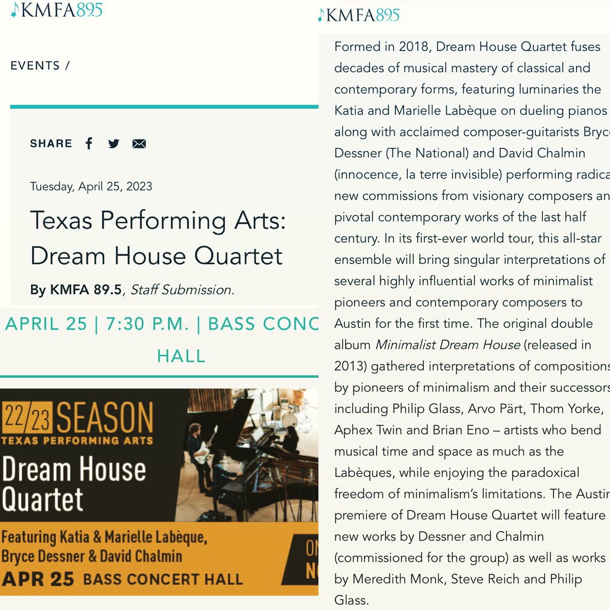 Thx @AustinChronicle + @KMFAClassical! Join us for Austin premieres from @thomyorke, @brycedessner, @philipglass @SteveReich and more tonight 730 @tpapresents #basshall! @KMLabeque @DavidChalmin @ArKtype 🔥TIX IN BIO🔥 @WiseMusicGroup @SteinwayAndSons…and at soundbox near u.