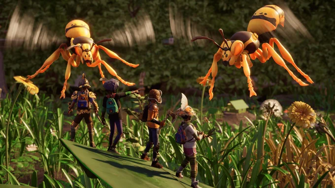 Image showing four characters from grounded standing on a blade of grass and facing two giant wasps
