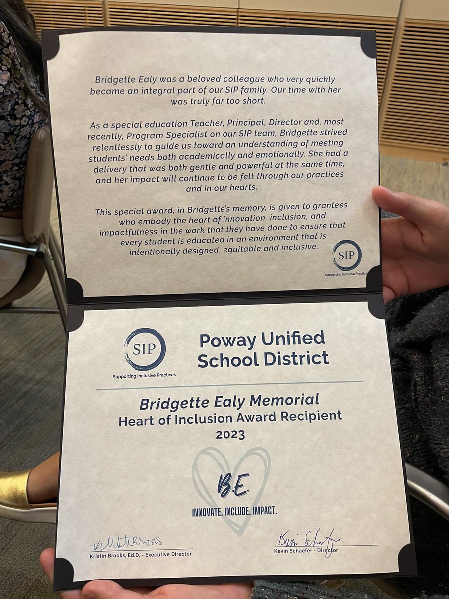Megan Gross (@megngross) on Twitter photo Our team is honored to receive the @SIPInclusion Bridgette Ealy Heart of Inclusion award for our <a href="/PowayUnified/">Poway Unified</a> effort to Innovate in inclusive education.
Grateful to work alongside phenomenal educators who make inclusion real for all our students! Our team is honored to receive the @SIPInclusion Bridgette Ealy Heart of Inclusion award for our <a href="/PowayUnified/">Poway Unified</a> effort to Innovate in inclusive education.
Grateful to work alongside phenomenal educators who make inclusion real for all our students!