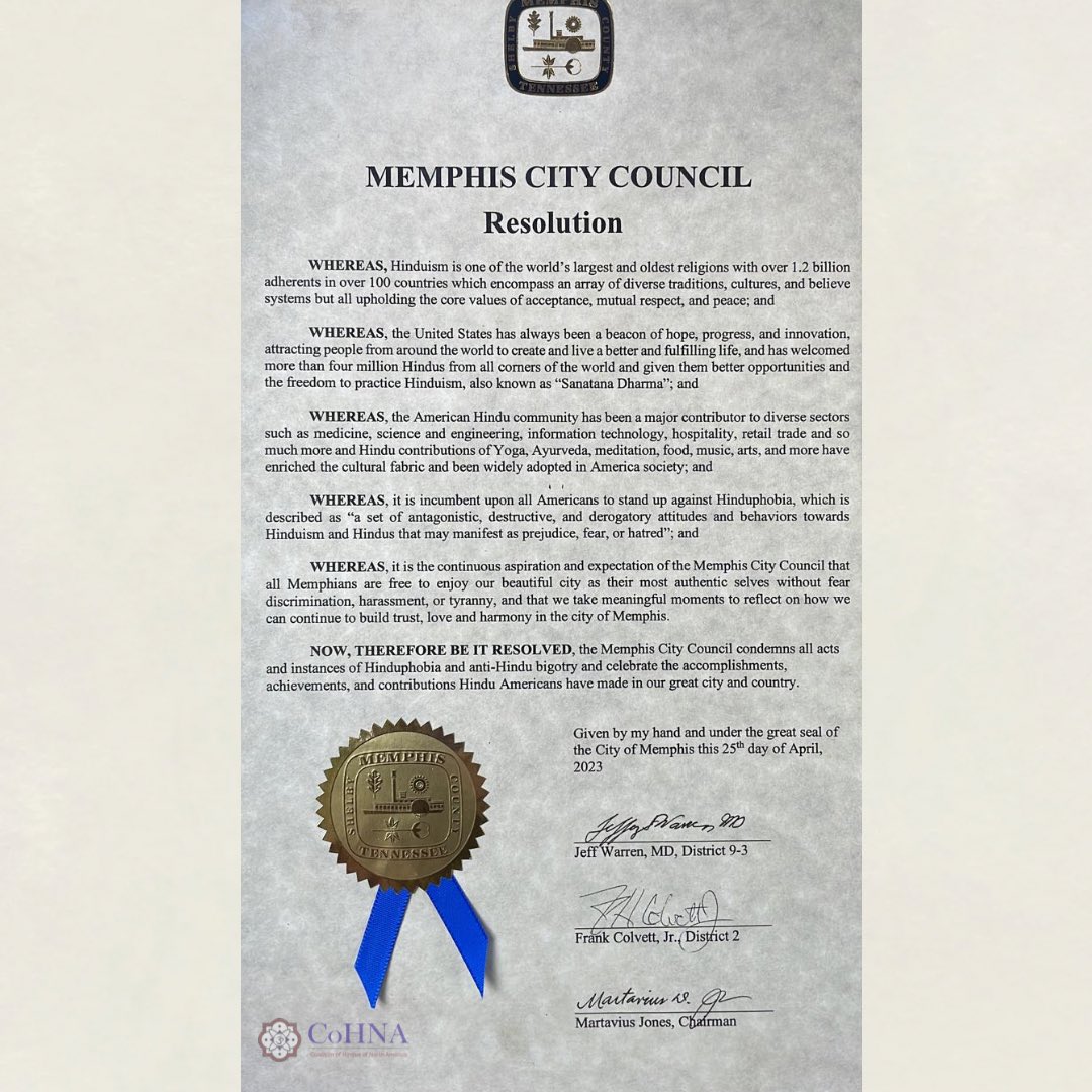 #BREAKING: <a href="/MEM_Council/">Memphis City Council</a> passes a resolution condemning #Hinduphobia and anti-Hindu bigotry and calls for celebration of the contributions of Hindu Americans to the city of Memphis and to our great nation! Thank you to our CoHNA volunteers for making this happen. Also good to see