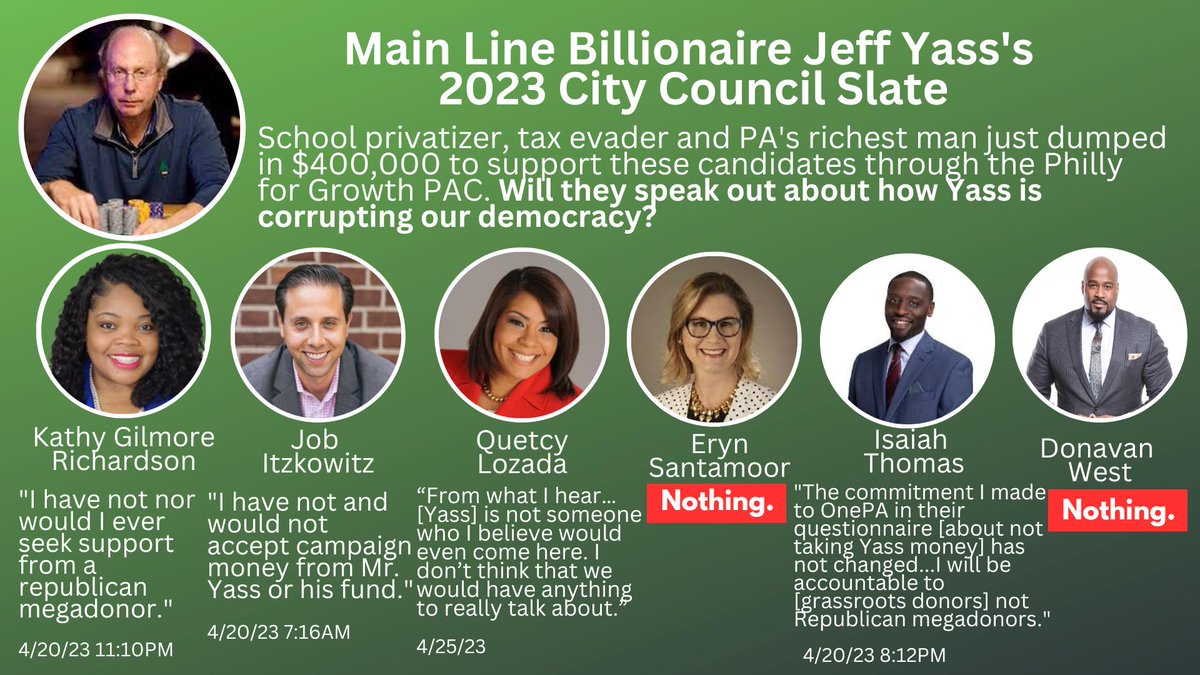 2 remaining Council candidates who haven't spoken out against SuperPAC spending supporting them funded by GOP megadonor Jeff Yass:
1) <a href="/SantamoorPHL/">Eryn Santamoor</a>, who accepted $6k of his PAC $ directly to her campaign in 2019
2) <a href="/DonavanSWest/">Donavan West</a>, former COO of charter school run by a conservative