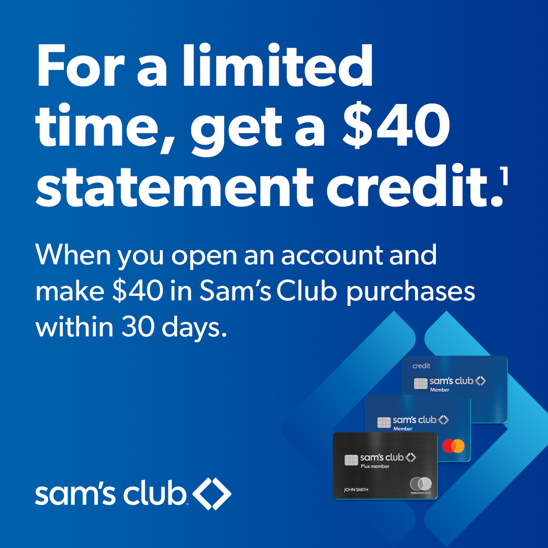 Learn how to get a $40 statement credit when you open a new Sam's Club credit card account between April 14 - May 1, 2023 and make $40 in Sam’s Club purchases in 30 days. Click for details: ms.spr.ly/6010gO2jY