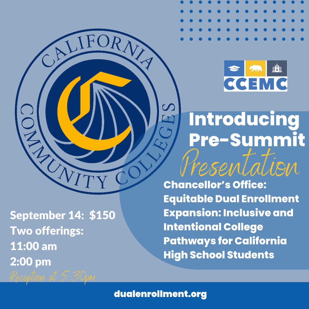 CADualEnroll's tweet photo. Pre-Conference Options have been released! Come learn from @californiacommunitycolleges and Kylie Campbell and Dr. Naomi Castro, as they discuss Inclusive and Intentional Pathways for students! #dualenrollment #equity #middlecollege https://t.co/cyDZ3PcJOM