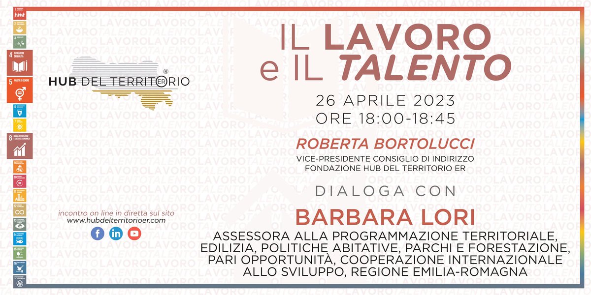 🎯Il terzo incontro sarà con l’Assessora @BarbaraLori della Regione Emilia-Romagna intervistata da Roberta Bortolucci  domani 26 aprile dalle 18.00 alle 18.45. 

Iscriviti qui 👉eventbrite.it/e/biglietti-il…

#lavorosostenibile #lavoroetalento #territoriitalianisostenibili
