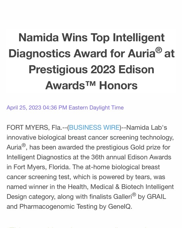 Namida Wins Top Intelligent Diagnostics Award for Auria® at Prestigious 2023 Edison Awards™ Honors

businesswire.com/news/home/2023…

@EdisonAwards

#EdisonAwards
#EA2023
#breastcancerawareness
#womenshealth
#breastcancerprevention
#athomescreening
#poweroftears