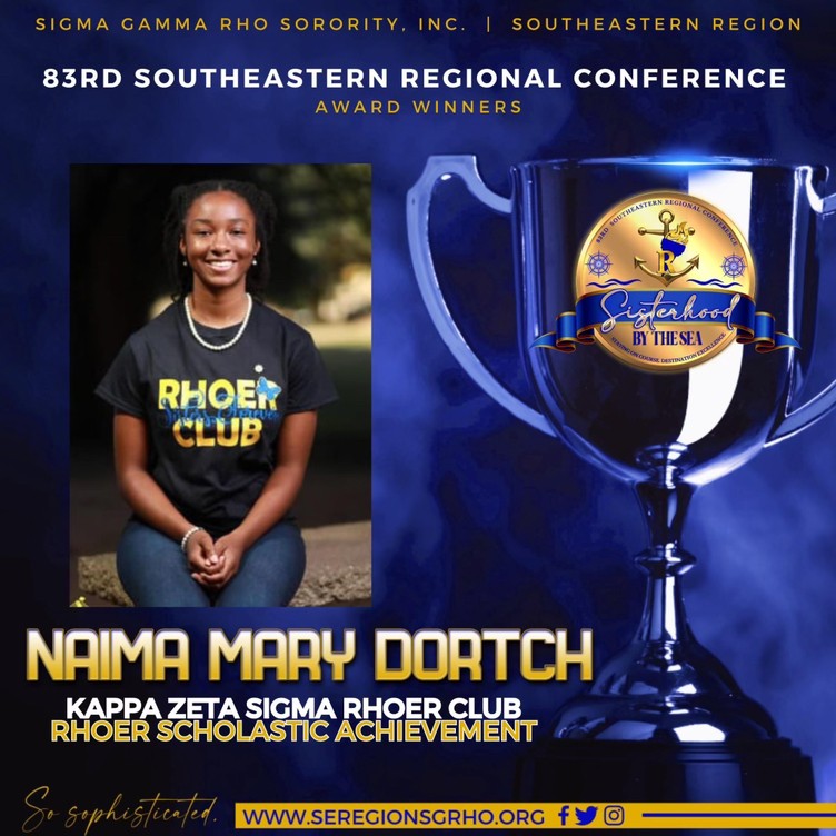 SRhoers's tweet photo. A special shoutout to Rhoer Naima Mary Dortch of Kappa Zeta Sigma Rhoer Club for winning the Rhoer Scholastic Achievement Award at the recent 83rd Southeastern Regional Conference held in Myrtle Beach, SC. https://t.co/bpNE09XMrK