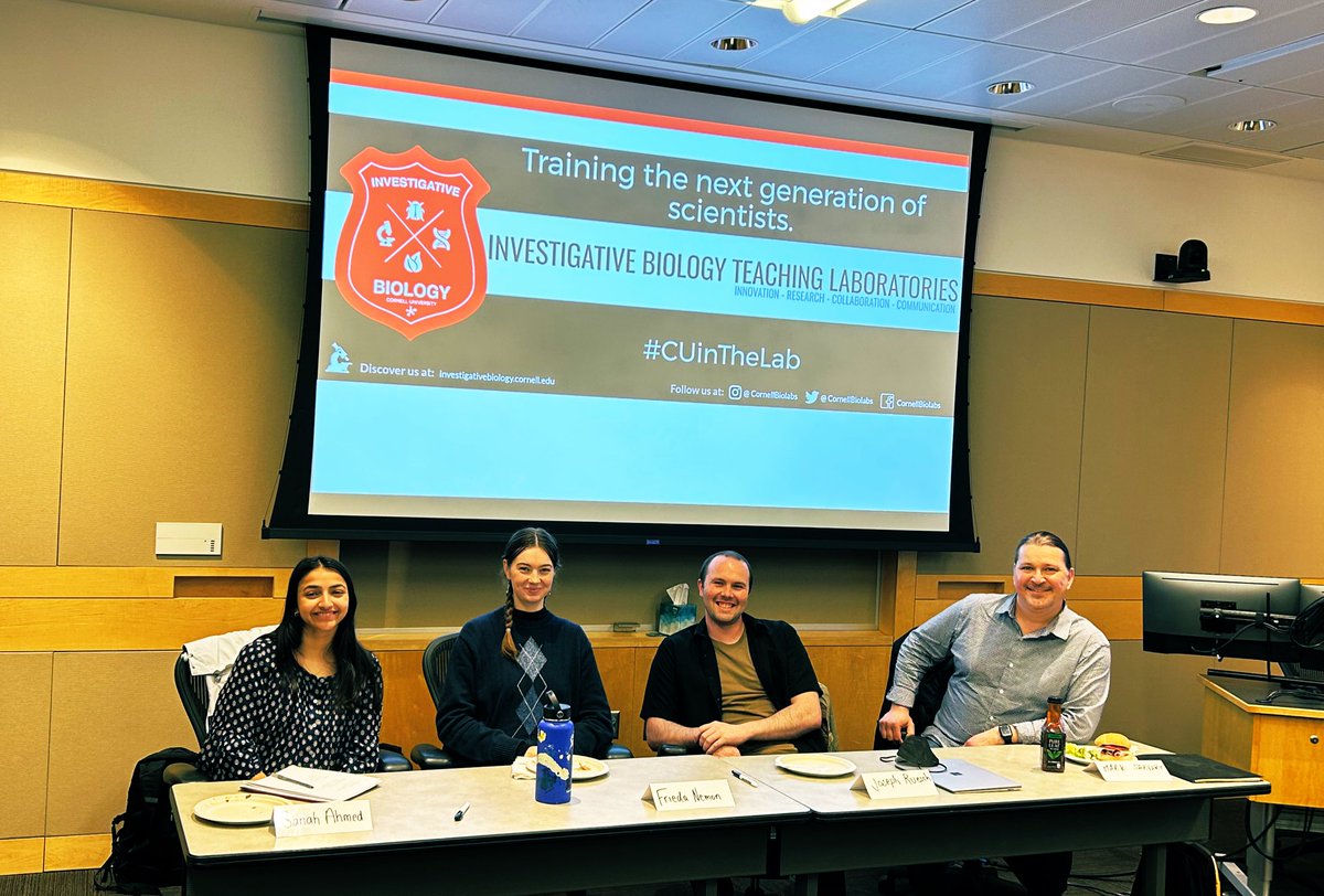 CornellBiolabs's tweet photo. Thanks to @CornellCALS for inviting @CornellBiolabs student Frieda Nemon, undergrad TA Sanah Ahmed, DBER postdoc @JosephRuesch & program director @sensitivsci to the "Lunch & Learn" discussion on how to balance flexibility & structure and handle assignment extension requests. https://t.co/eJlq4hegov