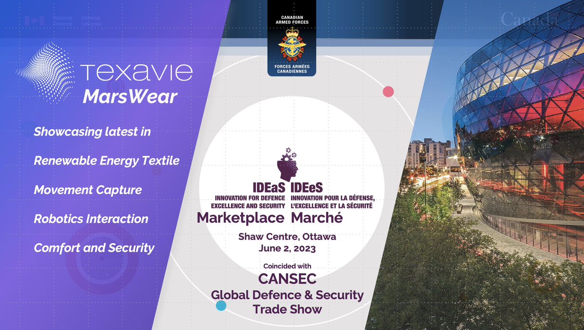 TexavieInc's tweet photo. Join us as we showcase some of our latest tech in Canada National Defense IDEaS Marketplace in Ottawa! Ground breaking tech made by our team of innovators! #partnerships #defensetech #smartapprel #renewableenergy #ai #advancedtextile https://t.co/GiVuRUUuy6