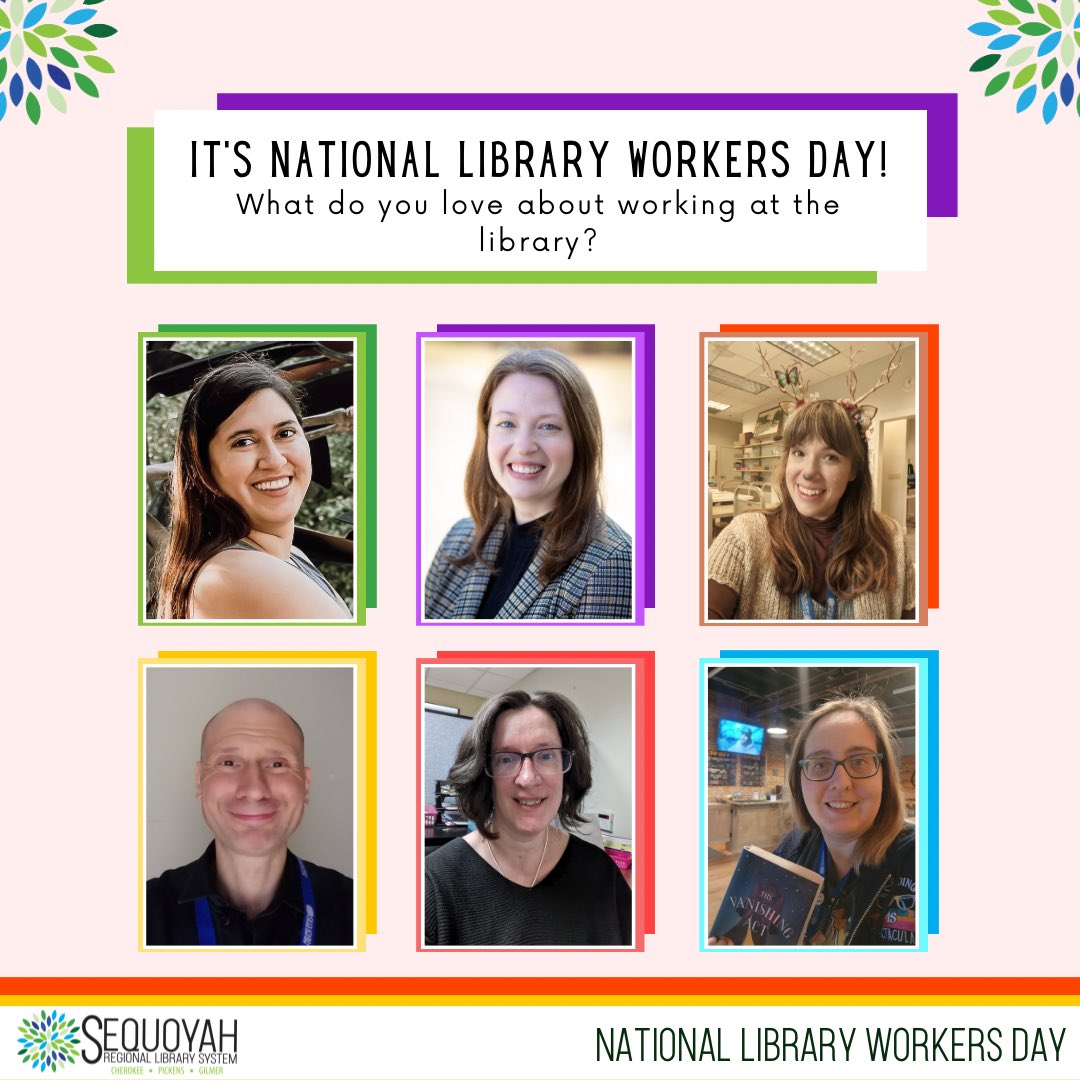 SequoyahRegLib's tweet photo. Today is National Library Workers Day!
We asked our staff what they love about working at the library, open the thread to see some of our answers!
What do you love about your local library?
#SeqLib #GeorgiaLibraries #NationalLibraryWorkersDay https://t.co/wxyN5PAYMf