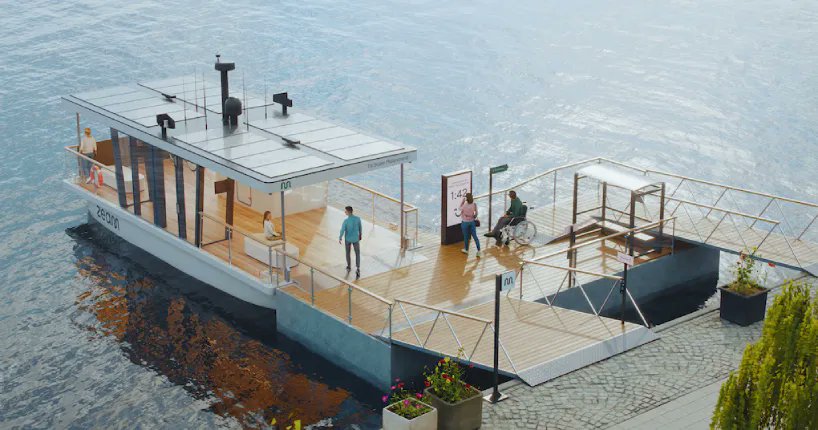 designboom's tweet photo. electric self-driving ferry in stockholm ready for public transport use in the summer of 2023 with @zeabuz   https://t.co/9DyTXbpe3b https://t.co/VnHI8O5Hp9