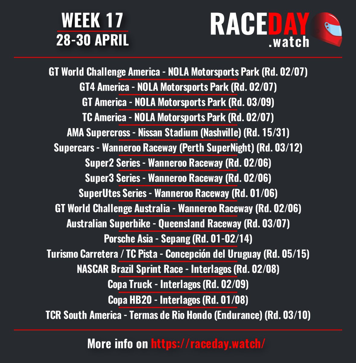 Week 17 on RaceDay.watch!

@F1 / #AzerbaijanGP
@Formula2 
@FIAWEC / #6HSpa
@MotoGP / #SpanishGP
@FIAWorldRX 
@mxgp 
@IndyCar 
@NASCAR 
@NASCAR_Xfinity 
@GT_Open 
@EF_Open 
@TCR_Series 
@f1academy 
@FerrariRaces 
@OfficialBSB 
@gtworldcham 
@supercars 
@GTWorldChAUS