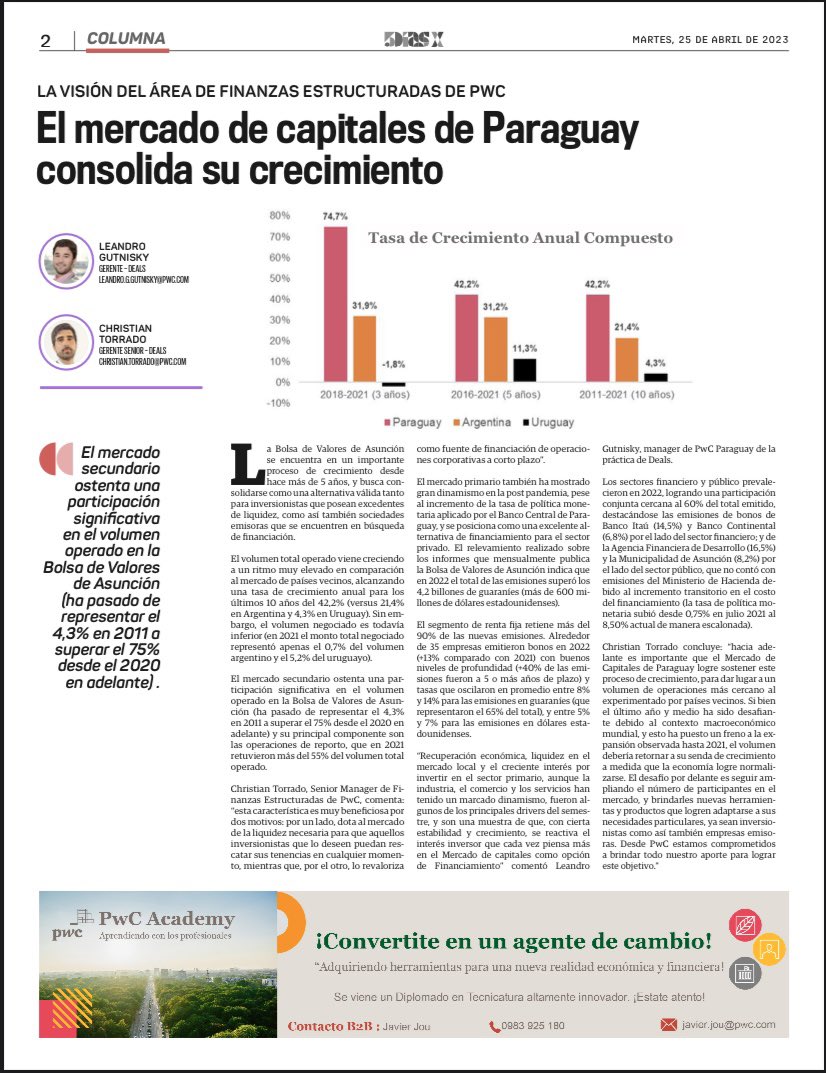 PwC_Paraguay's tweet photo. 🔸𝐄𝐥 𝐦𝐞𝐫𝐜𝐚𝐝𝐨 𝐝𝐞 𝐜𝐚𝐩𝐢𝐭𝐚𝐥𝐞𝐬 𝐝𝐞 𝐏𝐚𝐫𝐚𝐠𝐮𝐚𝐲 𝐜𝐨𝐧𝐬𝐨𝐥𝐢𝐝𝐚 𝐬𝐮 𝐜𝐫𝐞𝐜𝐢𝐦𝐢𝐞𝐧𝐭𝐨🔸 

Comentario especializado de  nuestro Gerente - Deals PwC  Leandro Gutnisky y de nuestro Gerente Senior - Deals Christian Torrado para la edición de @5diasPY https://t.co/LTiCmr4dnZ