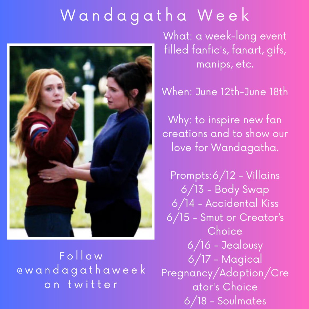 WandagathaWeek's tweet photo. Don't forget about Wandagatha Week coming up in June!!! #Wandgatha #Wagatha #Harkximoff #WandaVision #AgathaCovenOfChaos #Marvel #WandaMaximoff #AgathaHarkness https://t.co/N6MBqB7sXo
